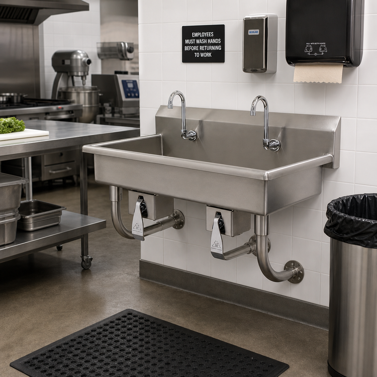 Product image #2 for Advance Tabco 2-Station Wall-Mounted Multiwash Hand Sink with Knee Valve, 40-Inch, 14-Gauge 304 Stainless Steel