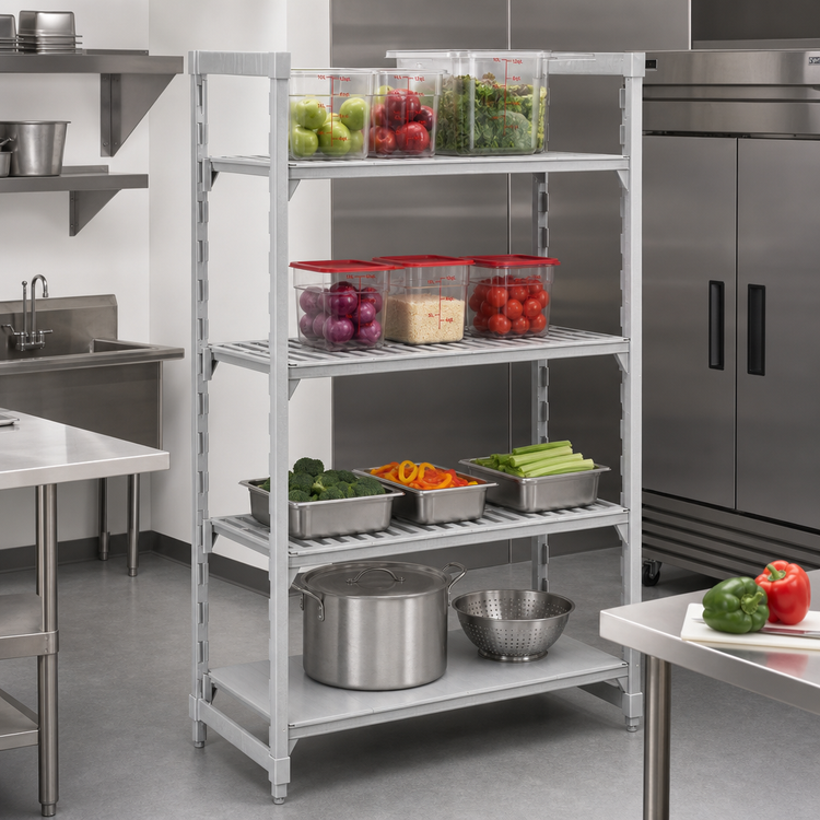 Product image #3 for Cambro Camshelving Premium 4-Shelf Stationary Starter Unit with 3 Vented and 1 Solid Shelf, 18 x 48 x 84 Inches