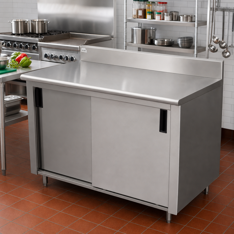 Product image #2 for Advance Tabco 60"W x 36"D Enclosed Stainless Steel Work Table with Cabinet Base, Mid-Shelf and Sliding Doors