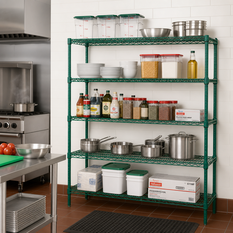 Product image #2 for Quantum Stationary Wire Shelving Starter Kit, 72"W x 36"D x 86"H, 5 Shelves, Green Epoxy