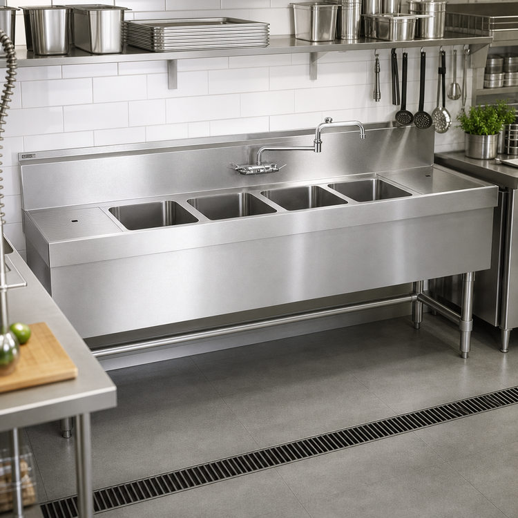 Product image #2 for Spec-Bar Four-Compartment Underbar Sink Unit with Left Drainboard, 66 Inch Wide x 19 Inch Deep