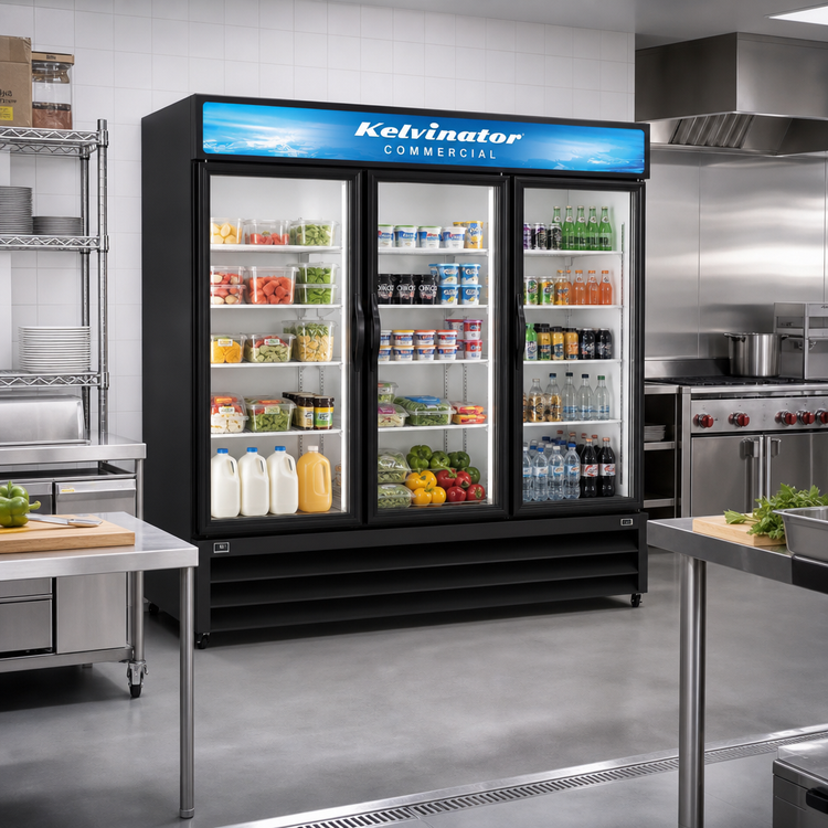 Product image #2 for Kelvinator Commercial 81-Inch Three-Section Glass Door Merchandiser Refrigerator, 72 Cu. Ft., Bottom-Mount