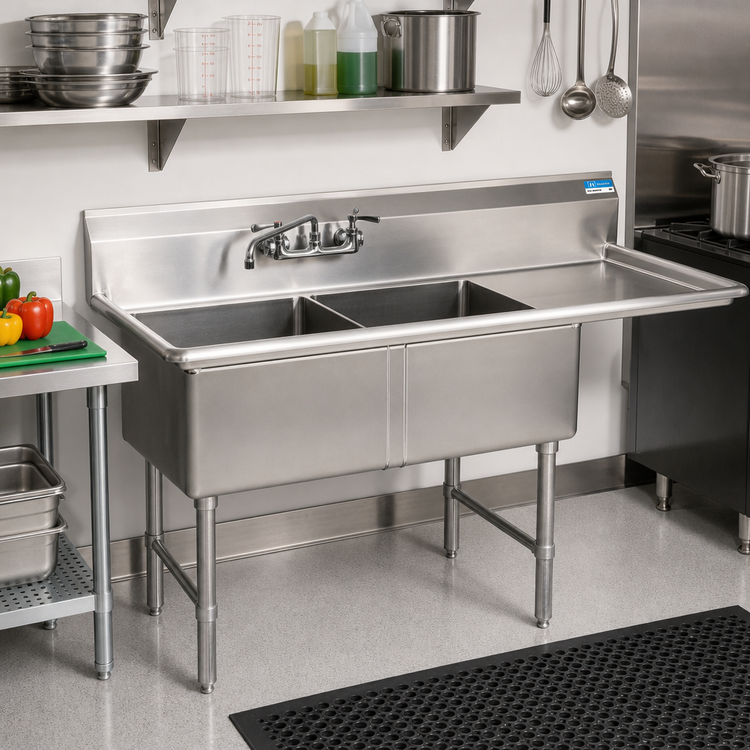 Product image #2 for BK Resources Two-Compartment Stainless Steel Sink with Right-Hand Drainboard, 18" x 18" x 12" Bowls