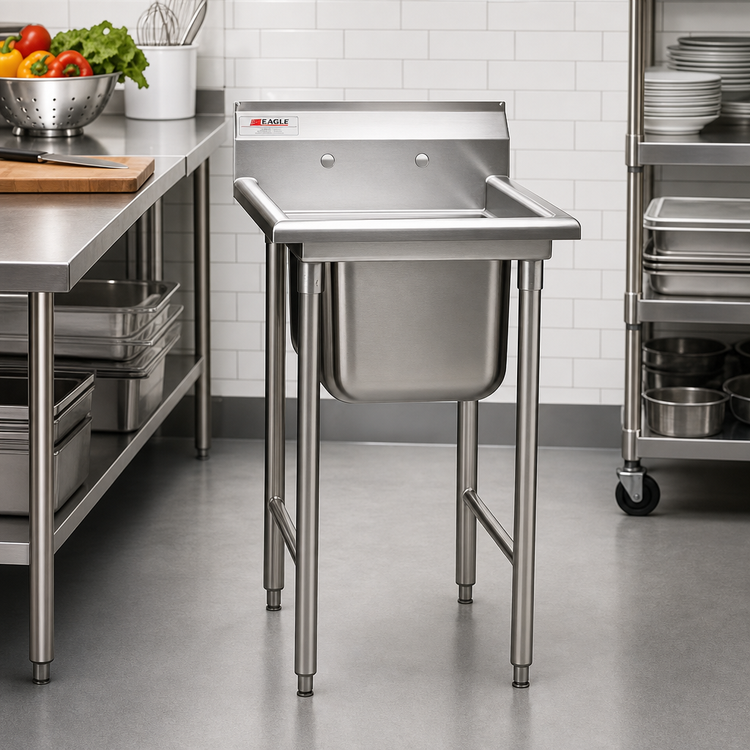 Product image #2 for Eagle Group 1-Compartment 304 Stainless Steel Sink with 9-1/2" Backsplash, Legs, and Basket Drain