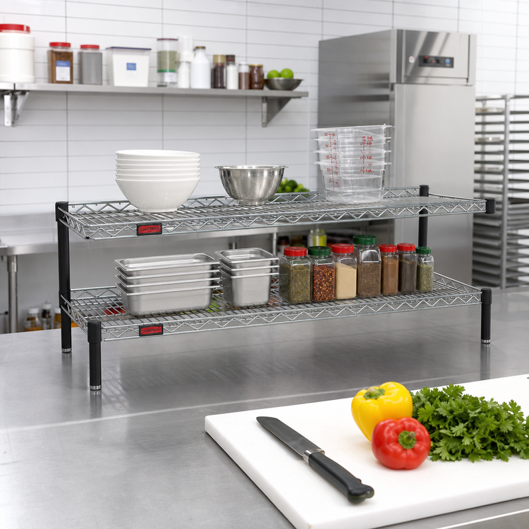 Product image #2 for QuadTruss Front Case Merchandise Cantilevered Wire Shelving Unit, 2-Tier, 54W x 14D x 14H, Chrome