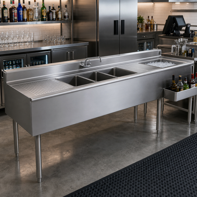 Product image #2 for Eagle Group 2200 Series 10-Foot Underbar Combination Unit with 3 Sink Bowls, Dual Ice Bins, and Drainboards