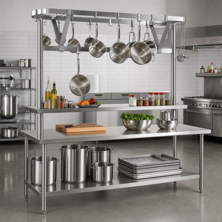 Product image #2 for Eagle Group Table-Mounted Triple-Bar Stainless Steel Pot Rack for 144-Inch Tables