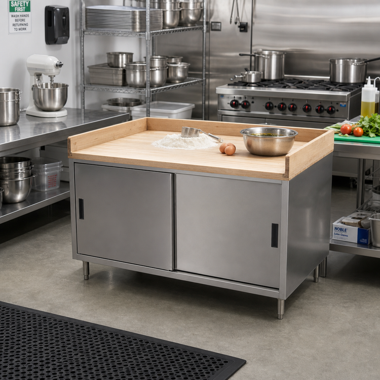 Product image #2 for Hard Maple Bakers Top Chef Table with Stainless Steel Cabinet Base and Sliding Doors, 48 x 30 x 39 Inches