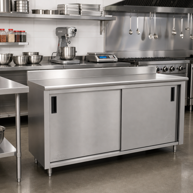 Product image #2 for Advance Tabco Enclosed Work Table with Cabinet Base, Mid-Shelf and Sliding Doors, 108"W x 24"D, 14 Gauge 304 Stainless Steel Top