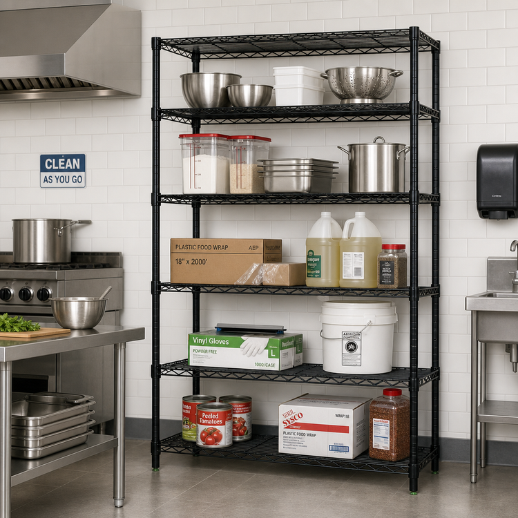 Product image #2 for Quantum Stationary Wire Shelving Starter Kit with 5 Shelves, 72W x 30D x 63H, Black Epoxy Antimicrobial Finish