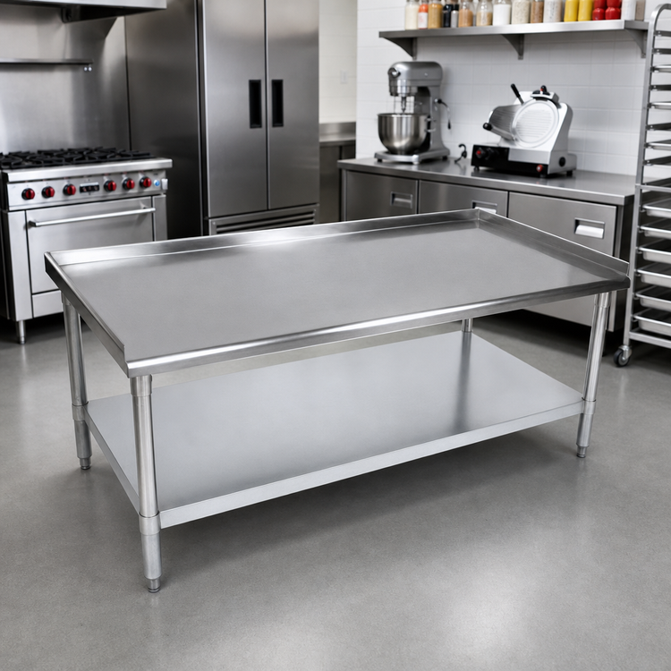 Product image #2 for BK Resources 61-Inch x 30-Inch Stainless Steel Equipment Stand with Adjustable Undershelf and 3-Sided 2-Inch Riser