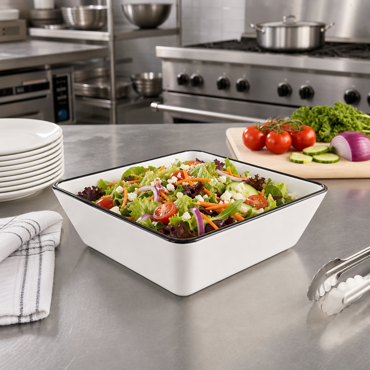 Product image #2 for American Metalcraft Endurance 9-3/4 Inch Square Melamine Serving Bowl, 98 oz., White with Black Rim
