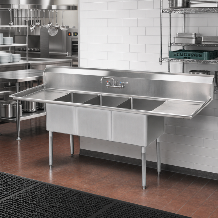 Product image #2 for BK Resources 84-Inch Three-Compartment Stainless Steel Sink with Dual 18-Inch Drainboards and 9-Inch Backsplash