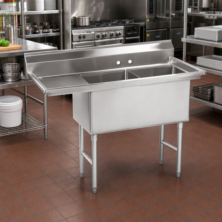 Product image #2 for Advance Tabco Special Value Series 2-Compartment Fabricated Sink with Left Drainboard, 18 x 18 x 14-Inch Bowls, 16-Gauge 304 Stainless Steel