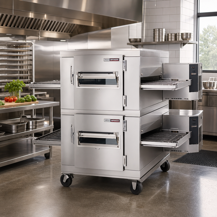 Product image #2 for Lincoln Impinger I 1400 Series Double Stack Electric Conveyor Oven Package with Glass Access Windows and Low Stand