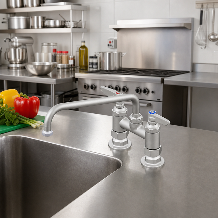Product image #2 for T&S Brass B-0225 Deck Mount Mixing Faucet with 12" Swing Nozzle, 4" Centers, Low Lead, ADA Compliant
