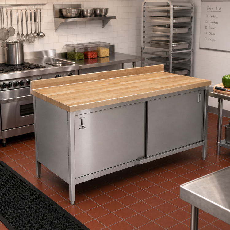 Product image #2 for John Boos 72 Inch x 30 Inch Wood Top Work Table with Cabinet Base and Sliding Doors
