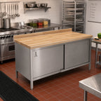 Thumbnail image #2 for John Boos EBSW7R4-3072 72" x 30" Wood Top Work Table with Cabinet Base, Sliding Doors, 1-3/4" Maple Top and 4" Backsplash