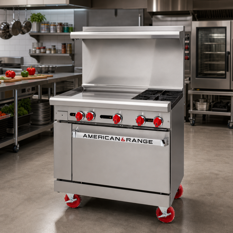 Product image #2 for American Range 36-Inch Gas Restaurant Range with 24-Inch Left Griddle, 2 Open Burners, Storage Base, and Back Riser