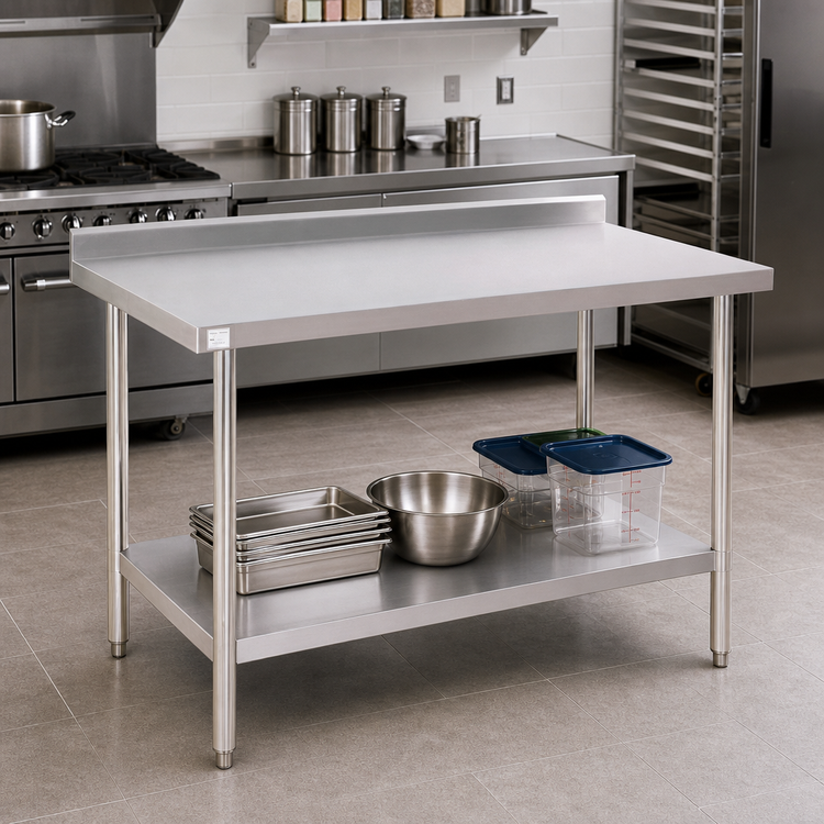 Product image #2 for 84-Inch x 30-Inch 16-Gauge 430 Stainless Steel Work Table with 2-Inch Rear Up-Turn and Undershelf