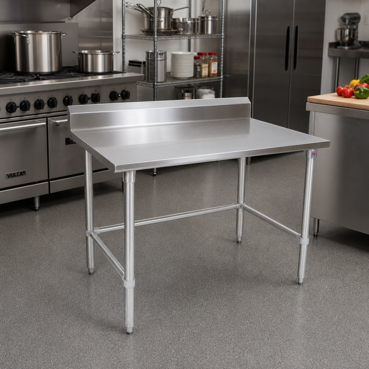 Product image #2 for John Boos Stallion 48-Inch x 24-Inch 14-Gauge 300 Series Stainless Steel Work Table with 5-Inch Backsplash and Galvanized Base