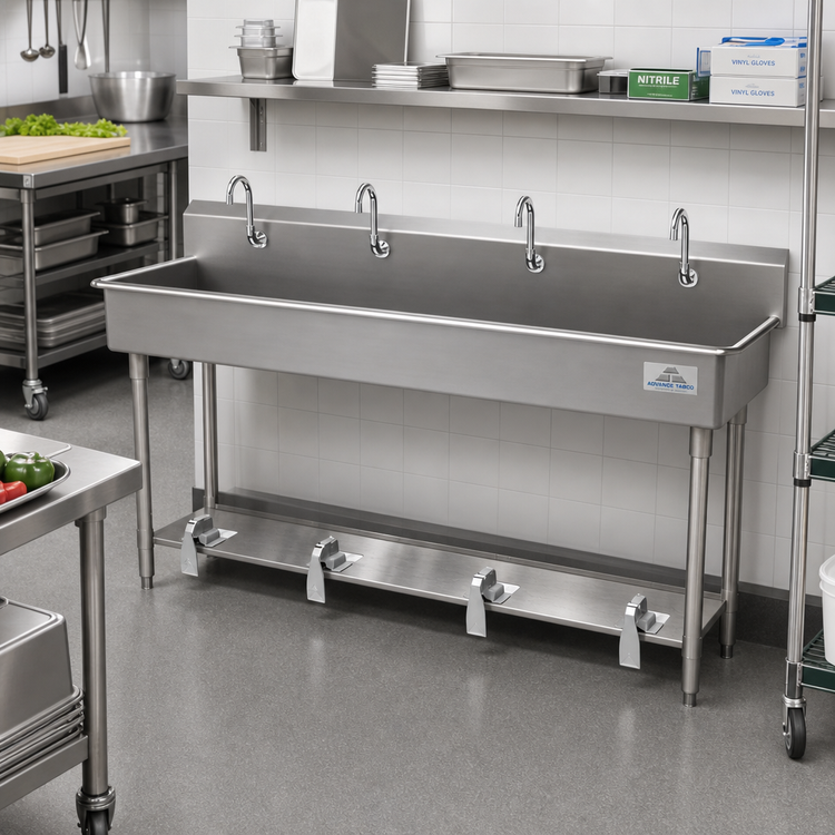 Product image #2 for Advance Tabco FS-FM-80FV 4-Station Freestanding Toe-Push Hand Wash Sink, 80 Inch Wide, 14-Gauge 304 Stainless Steel