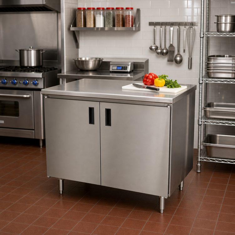 Product image #2 for Advance Tabco Special Value 36 x 24 Inch Enclosed Work Table with Cabinet Base, Mid-Shelf, Hinged Doors, and 16 Gauge 304 Stainless Steel Top