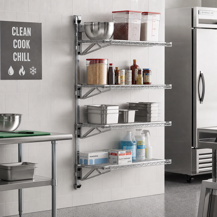 Product image #2 for Eagle Group Adjustable Post Wire Wall Mount Mid Unit for 24-Inch Deep Shelves, 4-Shelf, Chrome, 63-Inch Post