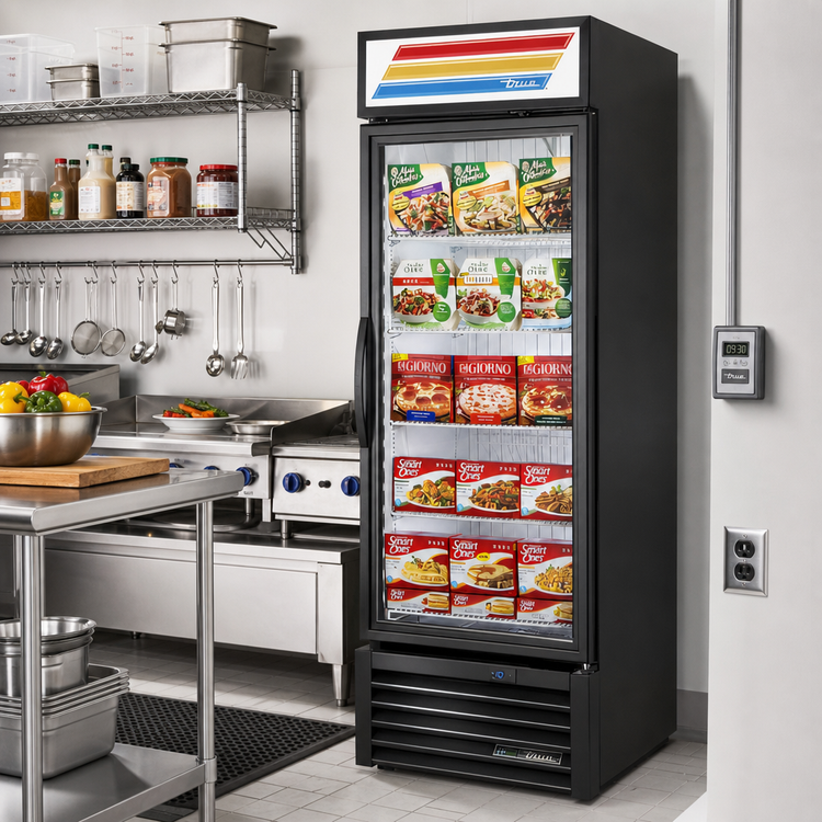 Product image #2 for True 1-Section Glass Door Freezer Merchandiser with Health Safety Timer, Triple-Pane Hinged Door