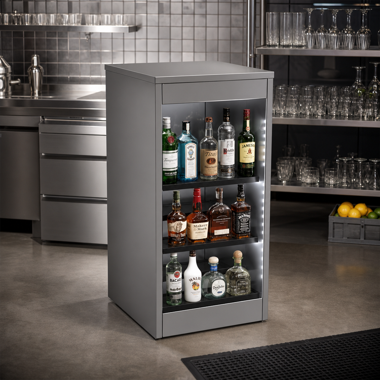 Product image #2 for Glastender 18-Inch Open Front Back Bar Liquor Display Cabinet with 3 Steps and LED Lighting