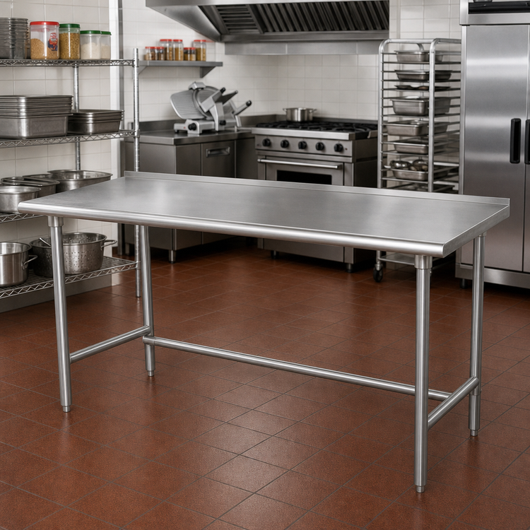 Product image #2 for Advance Tabco 108-Inch x 30-Inch 16-Gauge 430 Stainless Steel Work Table with 1-1/2-Inch Rear Up-Turn, Open Base