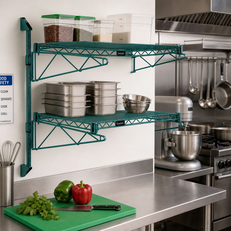 Product image #2 for Quantum Wall-Mount Cantilever Double Shelf Wire Shelving Unit, 42 x 12 Inches, Green Epoxy Antimicrobial Finish