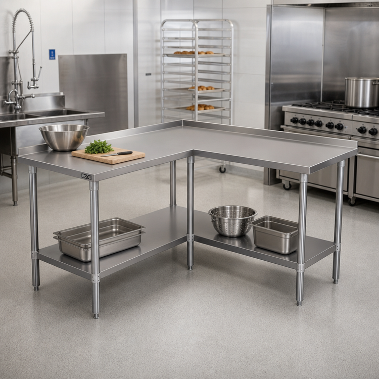 Product image #2 for John Boos L-Shaped Stainless Steel Corner Work Table with 1-1/2 Inch Rear Riser and Adjustable Undershelf