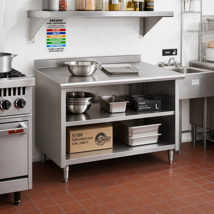 Product image #2 for Advance Tabco Special Value Open Base Stainless Steel Work Table with Mid-Shelf and 5-Inch Backsplash, 36 x 30 Inches