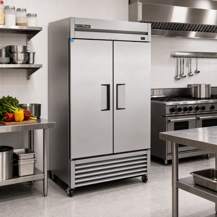 Product image #2 for True Two-Section Reach-In Freezer with Bottom-Mounted Self-Contained Refrigeration and Stainless Steel Doors