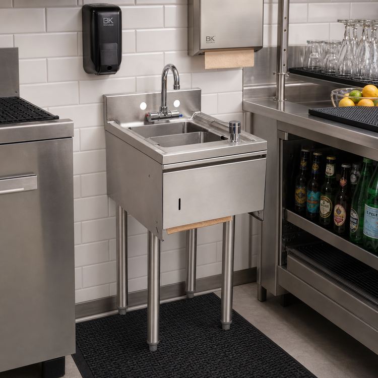 Product image #2 for BK Resources 15-Inch Single-Compartment Underbar Dump Sink with Splash-Mount Faucet, Soap & Towel Dispenser