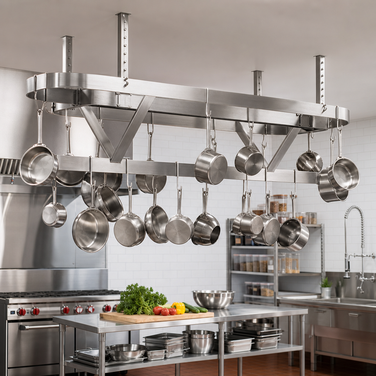 Product image #2 for Advance Tabco SC-120 Ceiling-Mounted Triple-Bar Stainless Steel Pot Rack with 18 Hooks, 120 Inches Wide