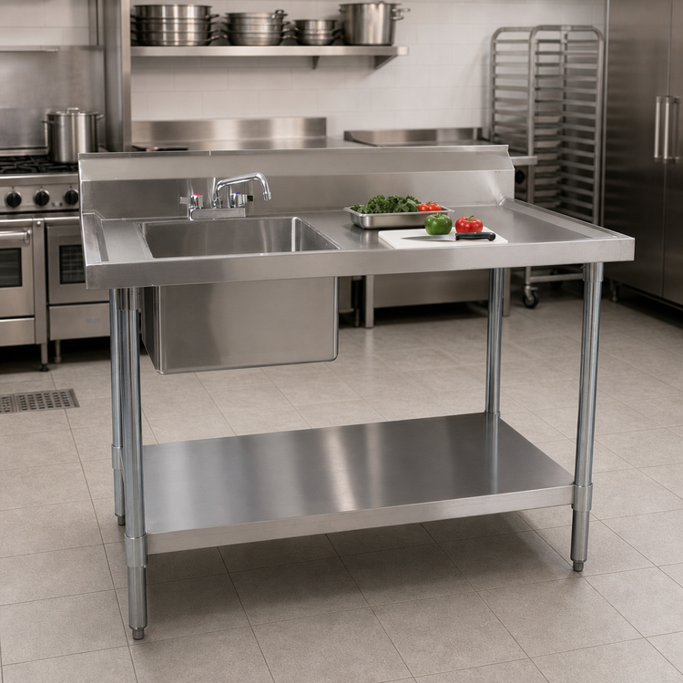 Product image #2 for 72-Inch x 30-Inch Stainless Steel Prep Sink Work Table with Left Sink, Backsplash, and Undershelf
