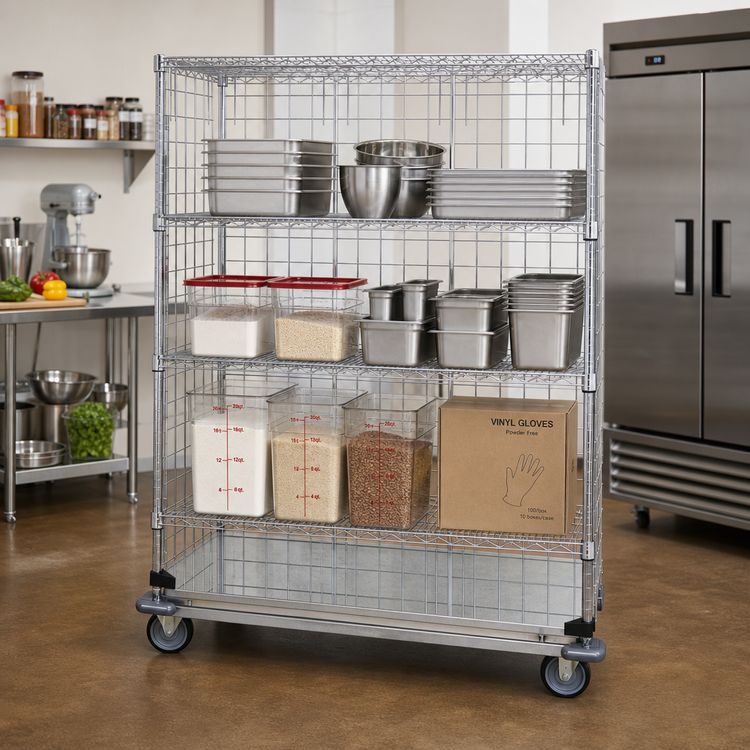 Product image #2 for Quantum Wire Enclosed Mobile Cart with 4 Shelves, 36 x 24 x 69 Inches, 1200 lb Capacity, Chrome-Plated Finish