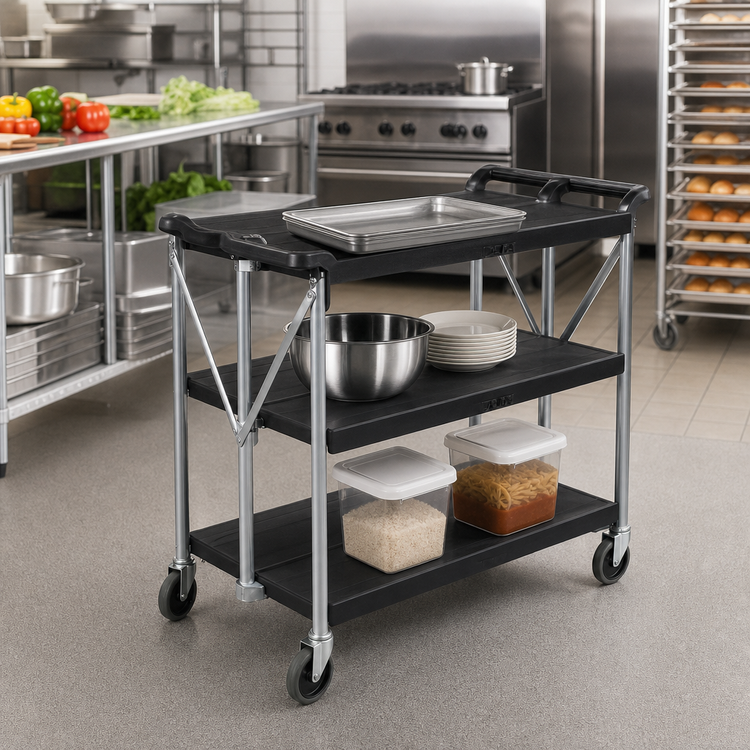 Product image #2 for Fold 'N Go Open Design 3-Shelf Bus Cart, 350 lb Capacity, Black