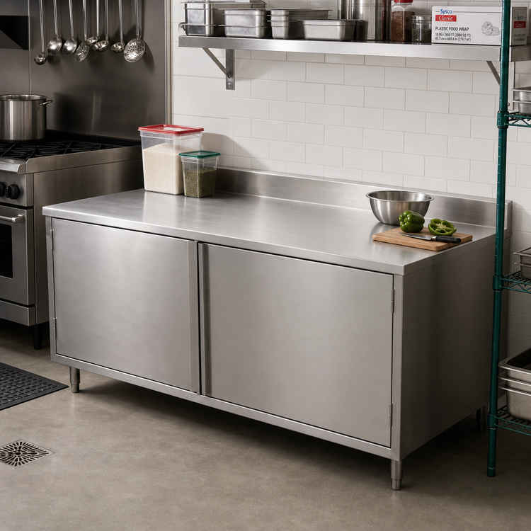Product image #2 for BK Resources Stainless Steel Cabinet Base Work Table with Hinged Doors and 5-Inch Back Riser, 72 x 24 Inches