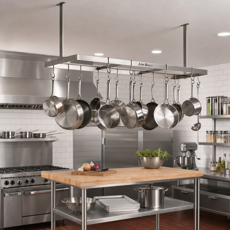 Product image #2 for John Boos PRD4-C Ceiling-Mounted Double-Bar Stainless Steel Pot Rack with 16 Double Hooks