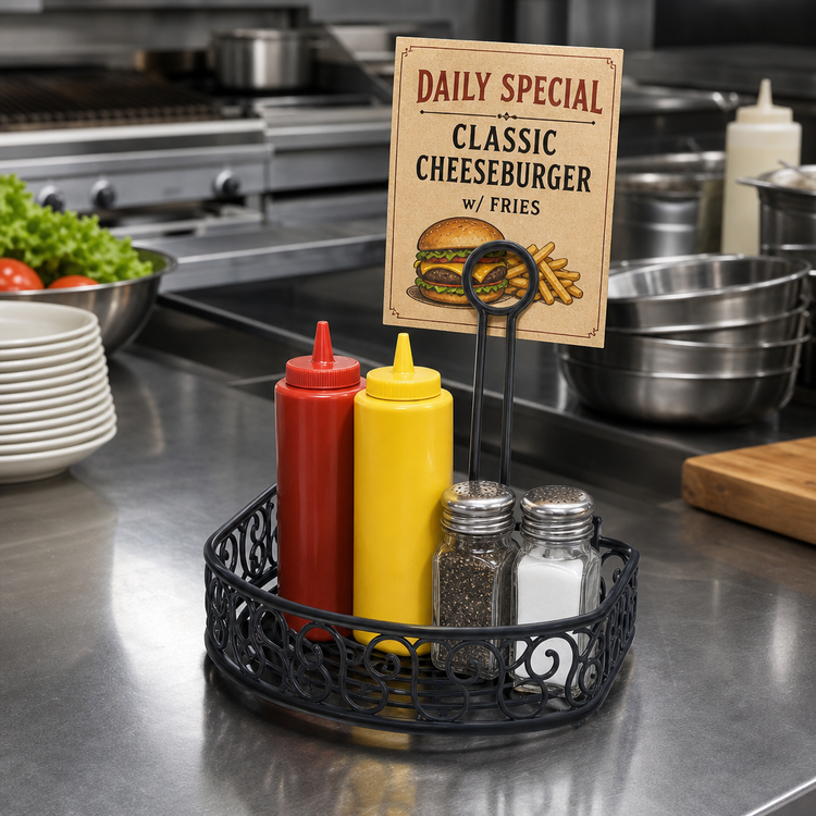 Product image #2 for Ironworks Semi-Round Black Wrought Iron Tabletop Condiment Caddy with Flat Back and Menu Clips
