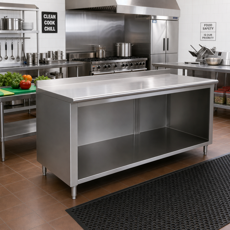 Product image #2 for Advance Tabco 96-Inch x 30-Inch Open Front Cabinet Base Work Table with 14 Gauge 304 Stainless Steel Top and 1-1/2 Inch Rear Up-Turn