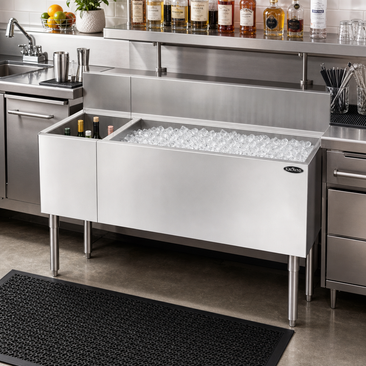 Product image #2 for Krowne Royal Series 48" Underbar Combination Ice Bin with 36" Right-Side Ice Bin, 12" Insulated Bottle Storage, and 10-Circuit Cold Plate