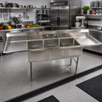 Thumbnail image #2 for Klinger's Trading ECS32D24 102-Inch Economy 3-Compartment Stainless Steel Sink with Double Drainboards