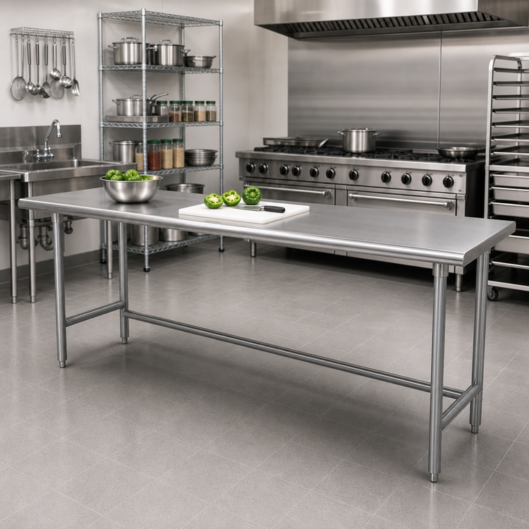 Product image #2 for Advance Tabco 108-Inch x 30-Inch 16-Gauge 304 Stainless Steel Work Table with Galvanized Open Base