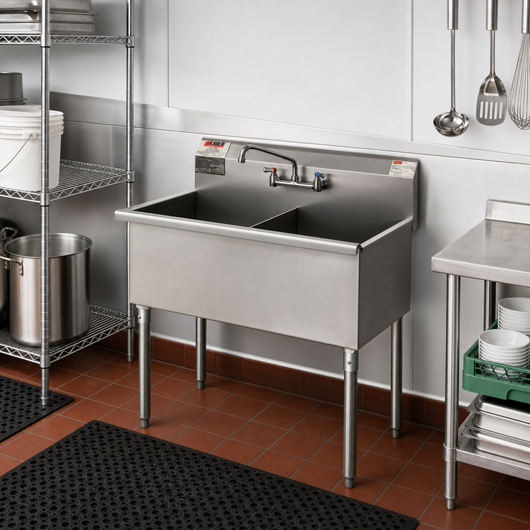 Product image #2 for Eagle Group Square Corner Two-Compartment Floor Model Utility Sink, 37-3/8 in. W x 22 in. D, 16-Gauge 430 Stainless Steel