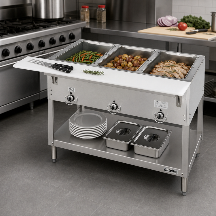 Product image #2 for Aerohot E303 Electric 3-Well Hot Food Station with Stainless Steel Open Shelf Base and Carving Board