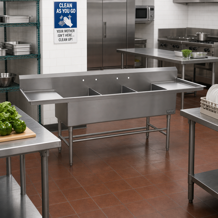 Product image #2 for Eagle Group Spec-Master FFN2790-3-30-14/3 3-Compartment Stainless Steel Flush Front Commercial Sink with 30" Drainboards